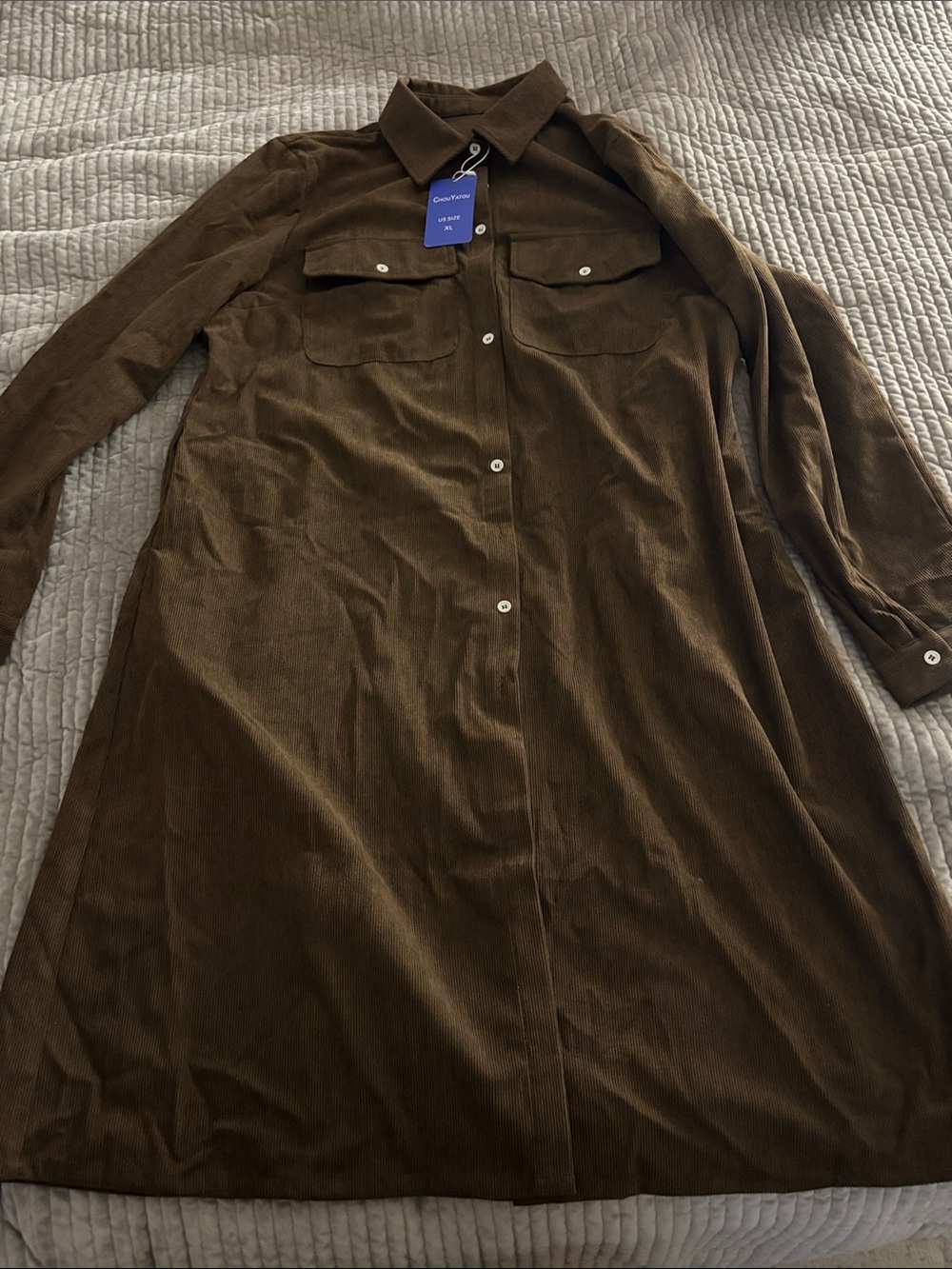 Corduroy Shirt Dress with Chest Pockets - Dark Brown